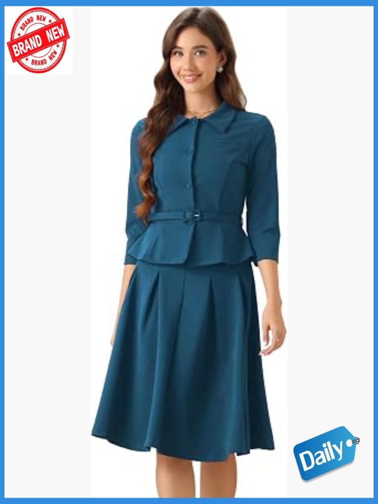 Women's 2 Piece Skirt Suit Set With 3/4 Sleeve Blazer And Pleated Skirt